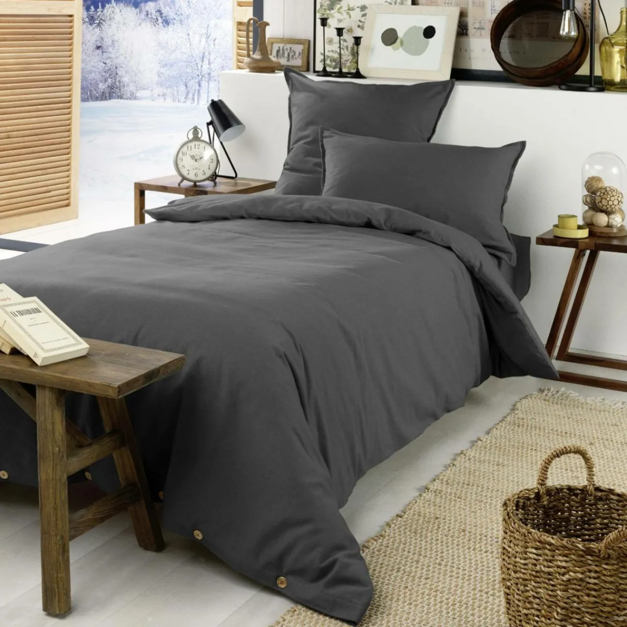 EMINZA Drap housse flanelle de coton (90 x 200 cm) Nina Gris Anthracite Clearance