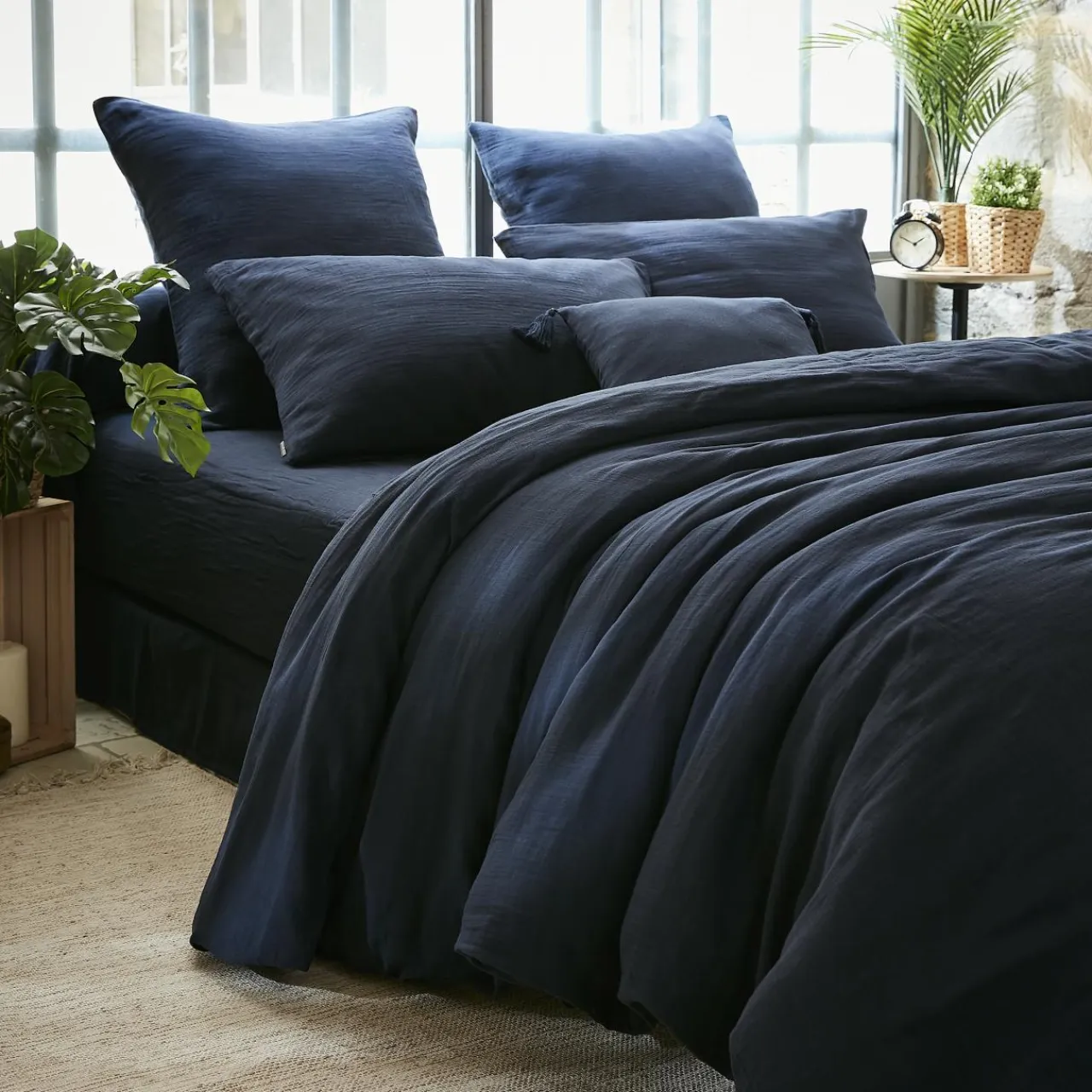 EMINZA Drap housse gaze de coton (200 x 200 cm) Gaïa Bleu nuit Online