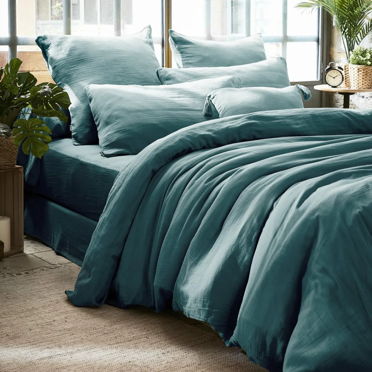 EMINZA Drap housse gaze de coton (140 x 190 cm) Gaïa Bleu canard