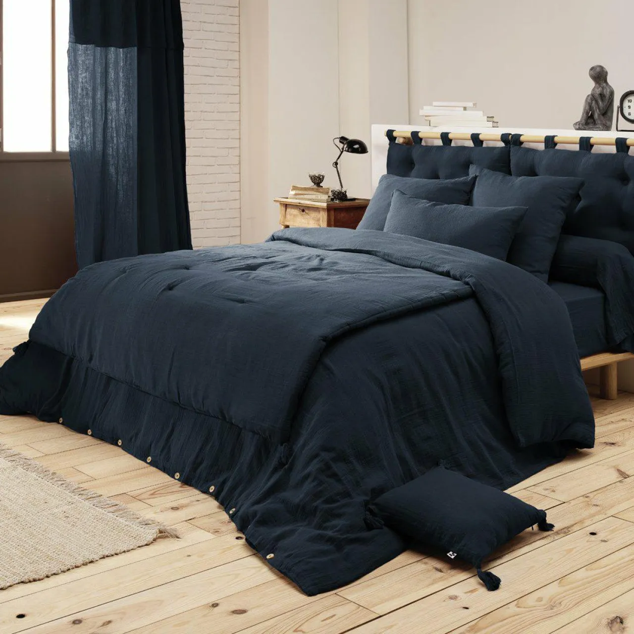 EMINZA Drap housse gaze de coton (180 x 200 cm) Gaïa Bleu nuit Online