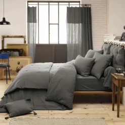 EMINZA Drap housse gaze de coton (160 x 200 cm) Gaïa Gris granit Gris foncé Discount