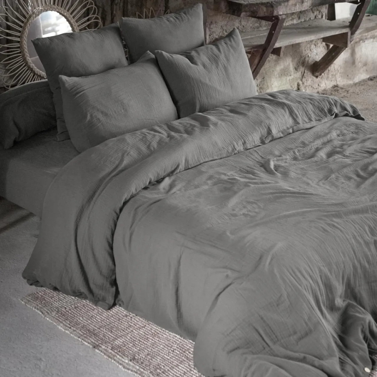 EMINZA Drap housse gaze de coton (180 x 200 cm) Gaïa Gris granit Gris foncé Clearance