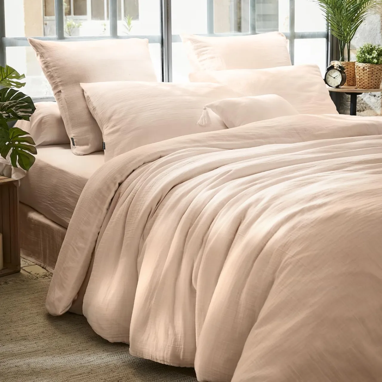 EMINZA Drap housse gaze de coton (200 x 200 cm) Gaïa Rose poudré Clearance