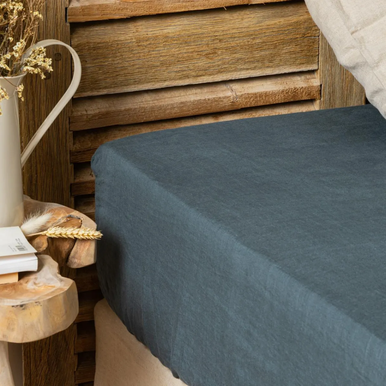 EMINZA Drap housse lin lavé (160 x 200 cm) Louise Gris ardoise Clearance