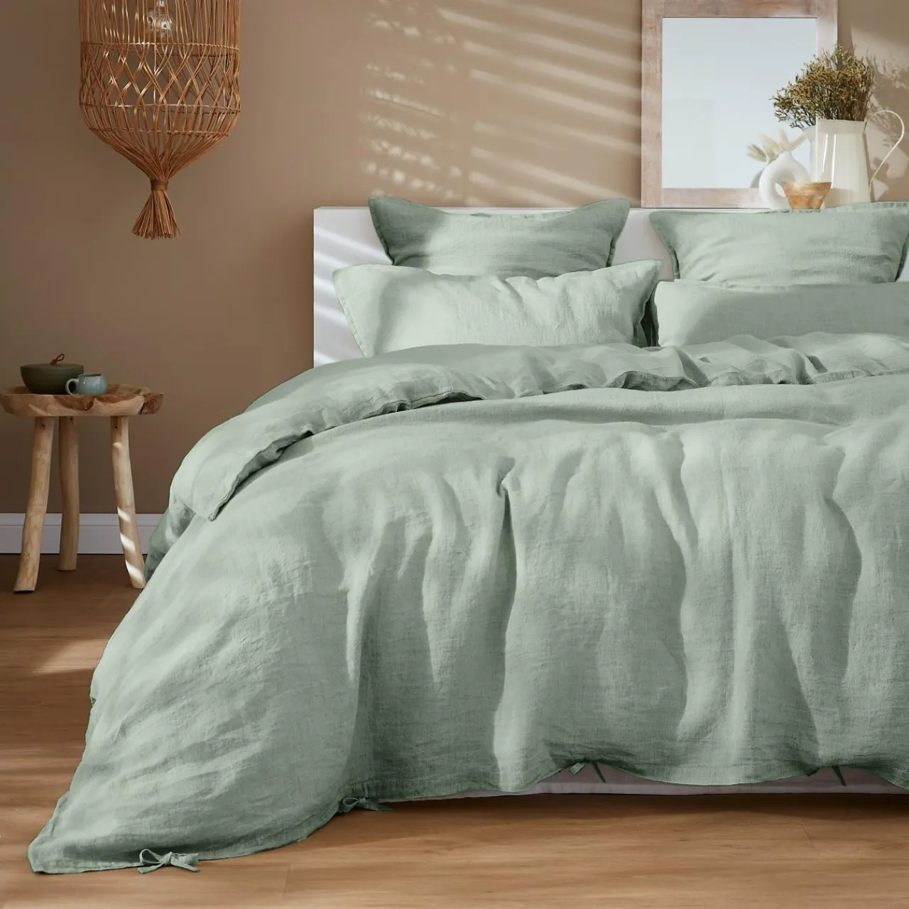 EMINZA Drap housse lin lavé (160 x 200 cm) Louise Vert Eucalyptus Clearance