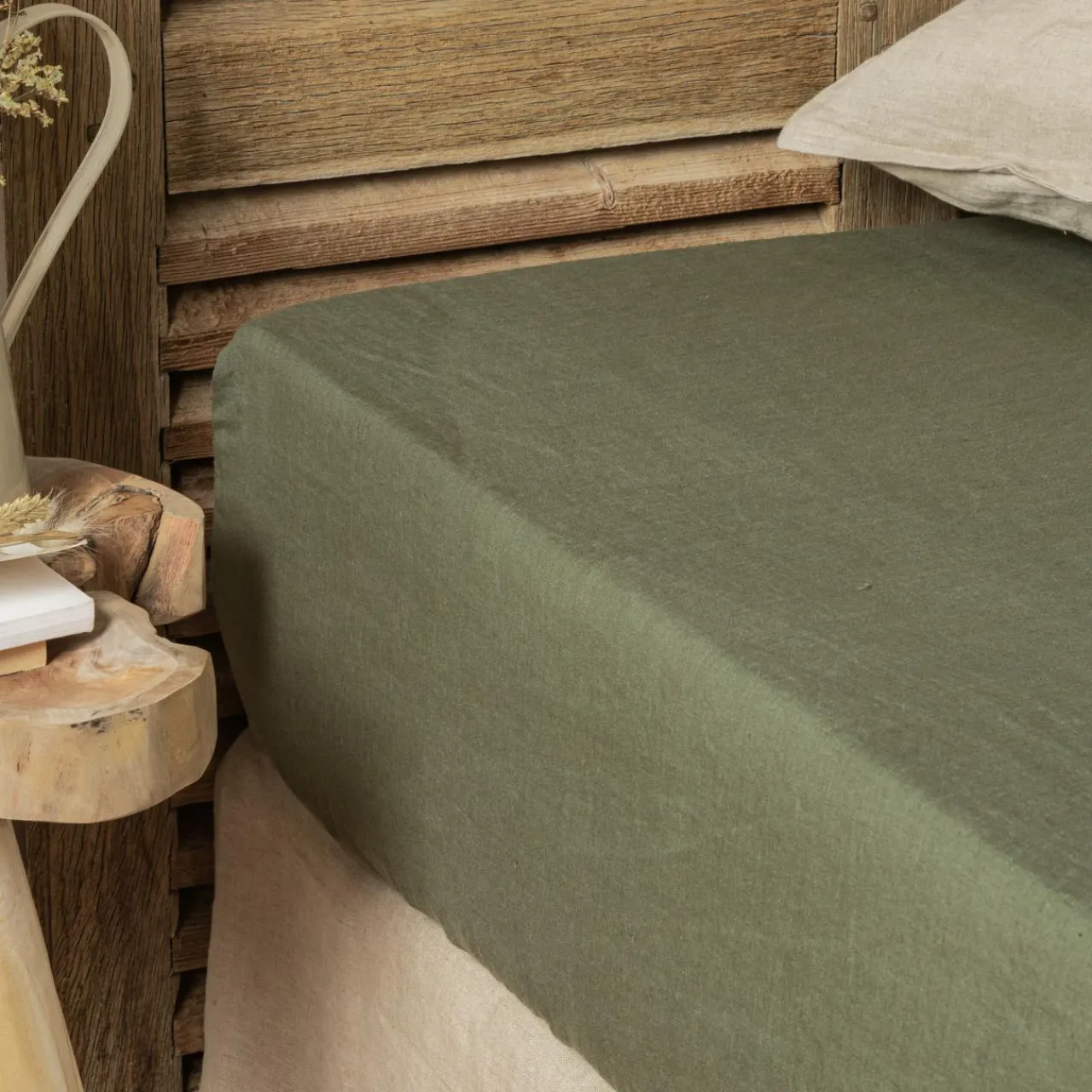 EMINZA Drap housse lin lavé (160 x 200 cm) Louise Vert romarin Sale