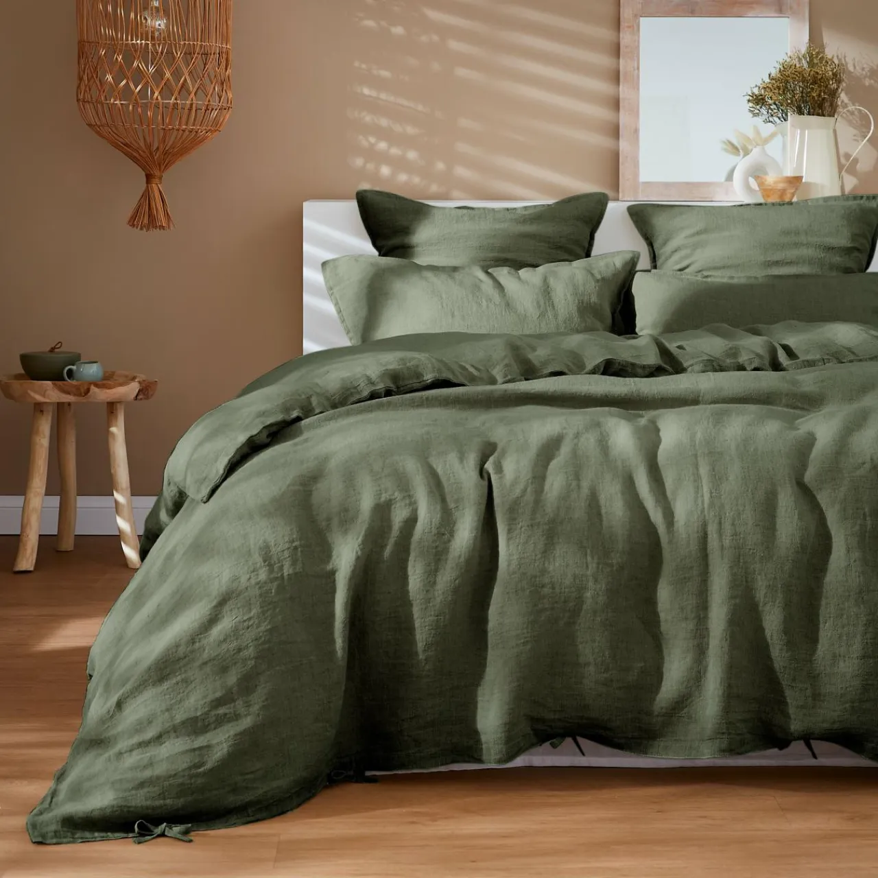EMINZA Drap housse lin lavé (160 x 200 cm) Louise Vert romarin Sale