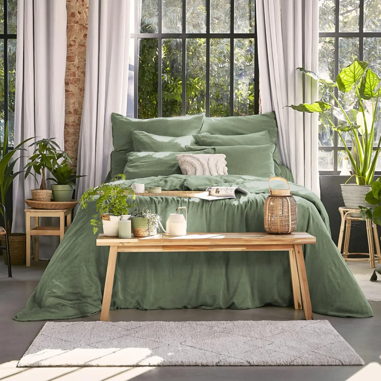 EMINZA Drap housse lyocell Tencel™ lavé (140 x 190 cm) Olivia Vert romarin Discount