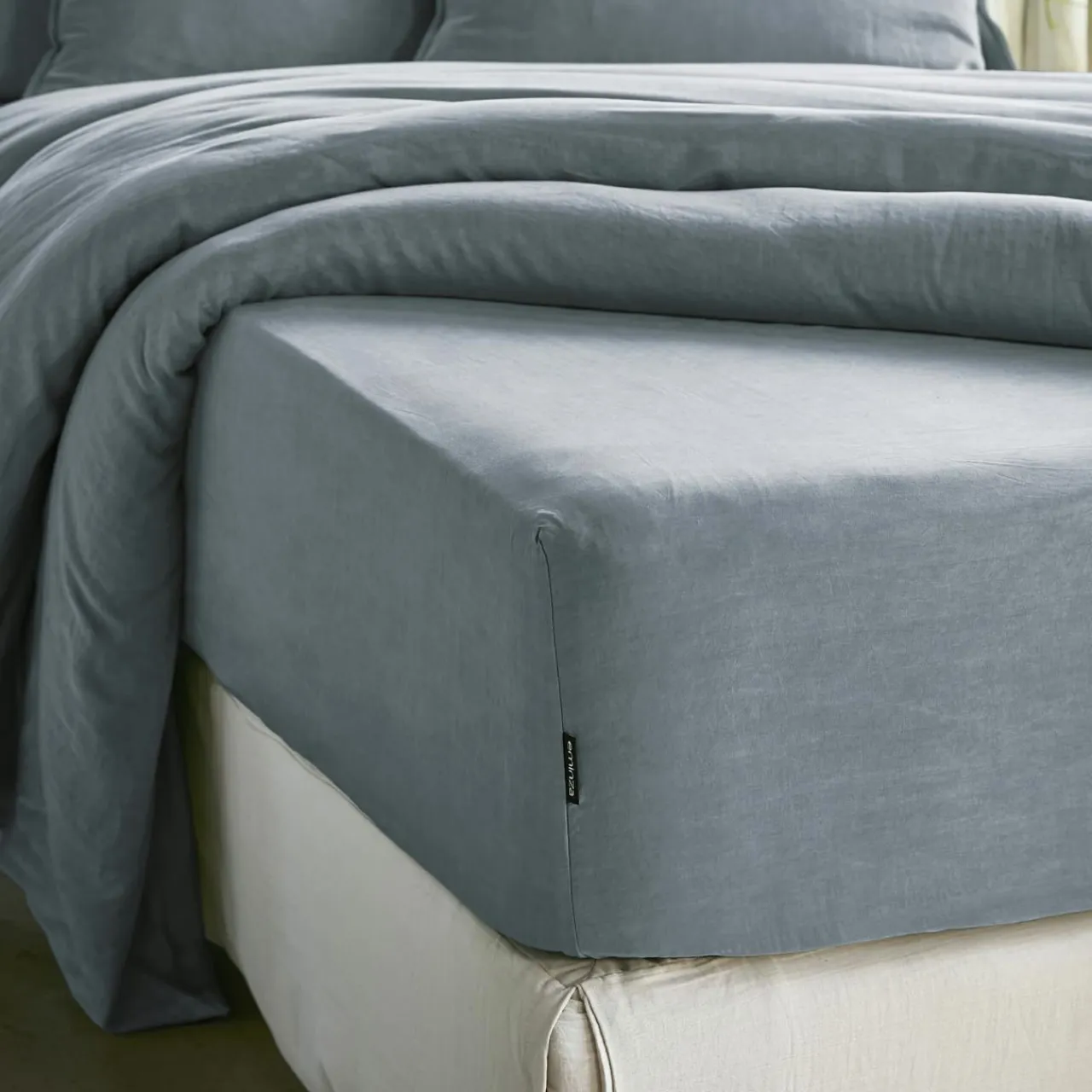 EMINZA Drap housse lyocell Tencel™ lavé (160 x 200 cm) Olivia stone Bleu New