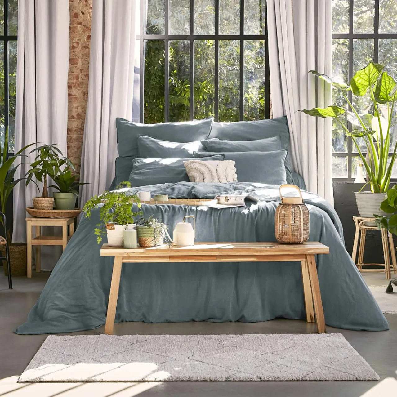 EMINZA Drap housse lyocell Tencel™ lavé (160 x 200 cm) Olivia stone Bleu New