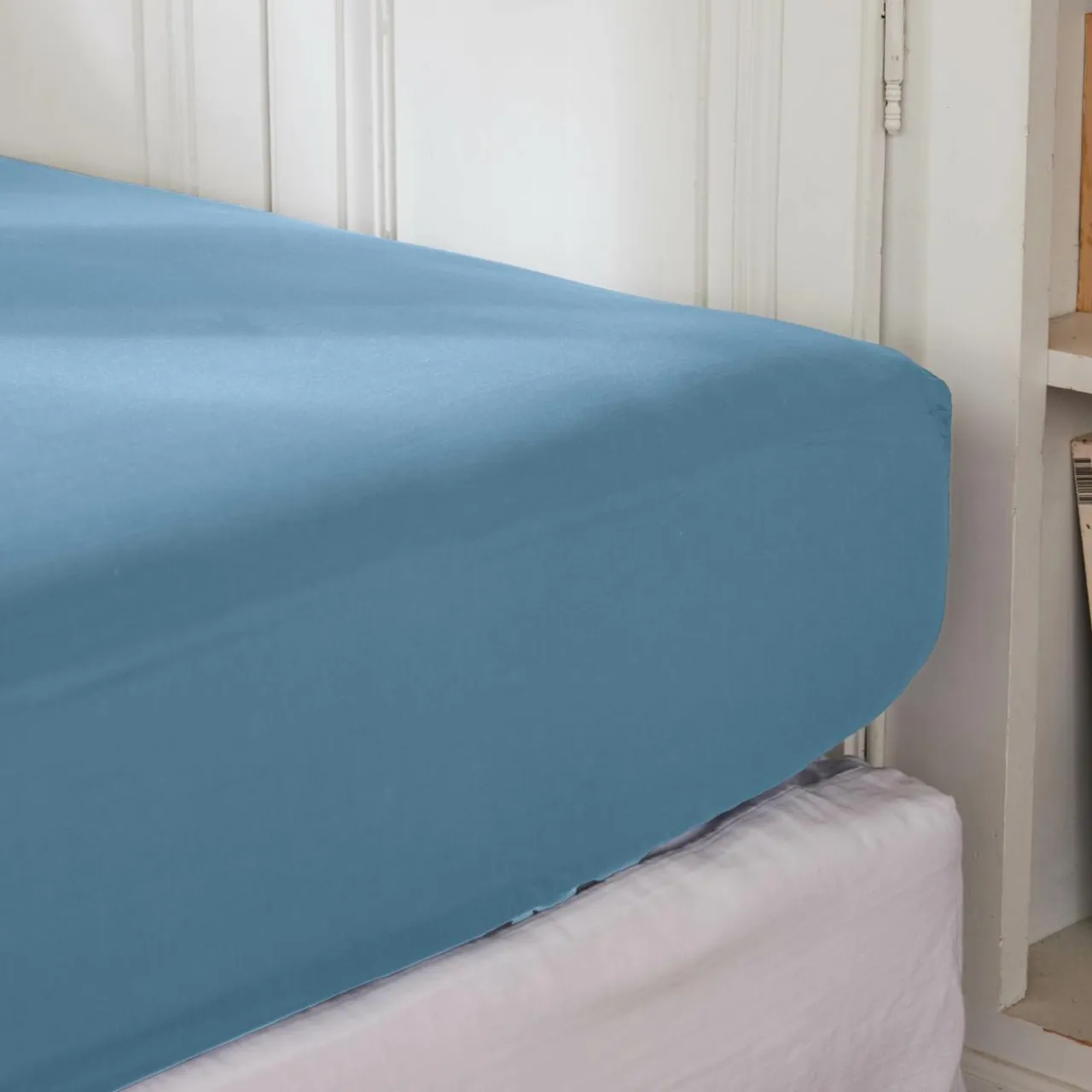 EMINZA Drap housse percale de coton (160 x 200 cm) Cali Bleu Ciel Discount