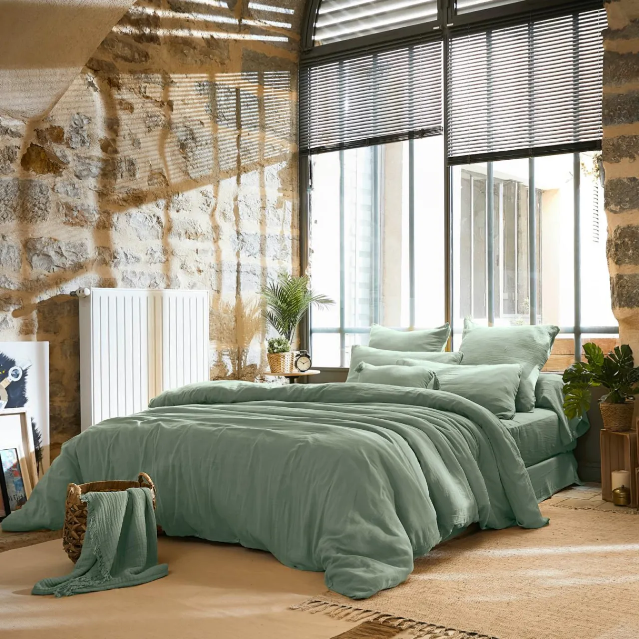 EMINZA Drap plat gaze de coton (270 x 300 cm) Gaïa Vert Eucalyptus