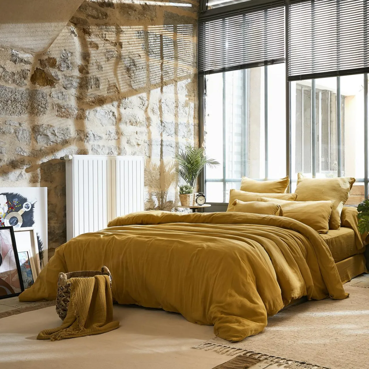 EMINZA Drap plat gaze de coton (240 x 300 cm) Gaïa Jaune safran
