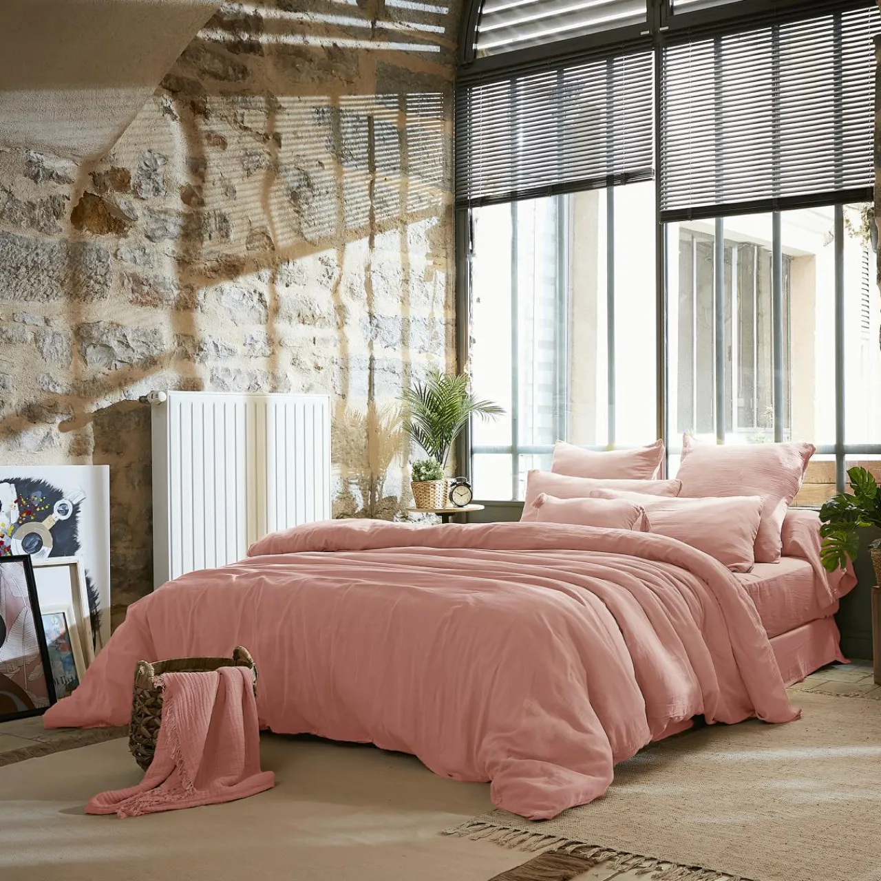 EMINZA Drap plat gaze de coton (270 x 300 cm) Gaïa Rose Pêche Hot