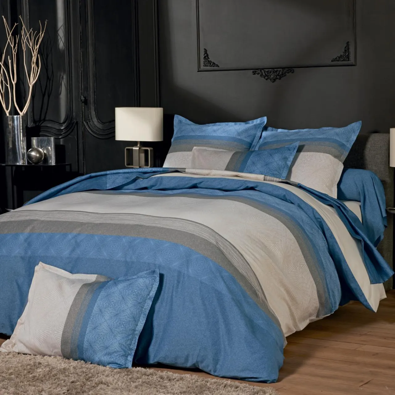 TRADI LINGE Drap plat satin de coton (280 x 325 cm) Tiago Bleu