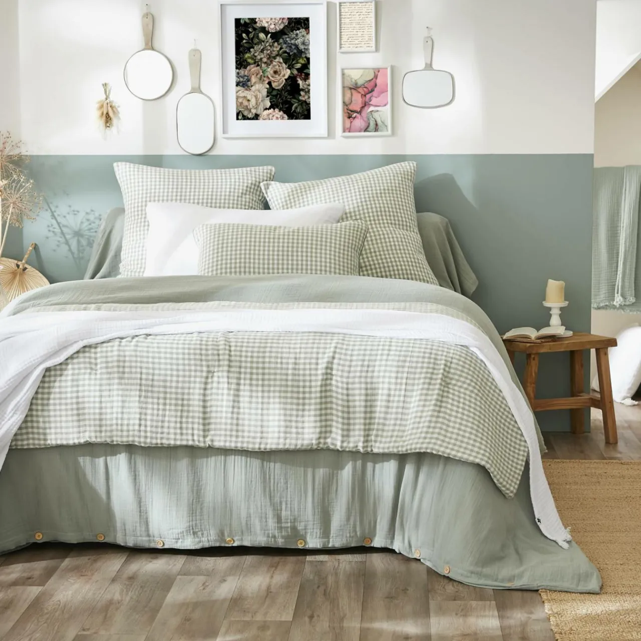 EMINZA Edredon gaze de coton (90 x 200 cm) Gaïa vichy Vert Eucalyptus Clearance