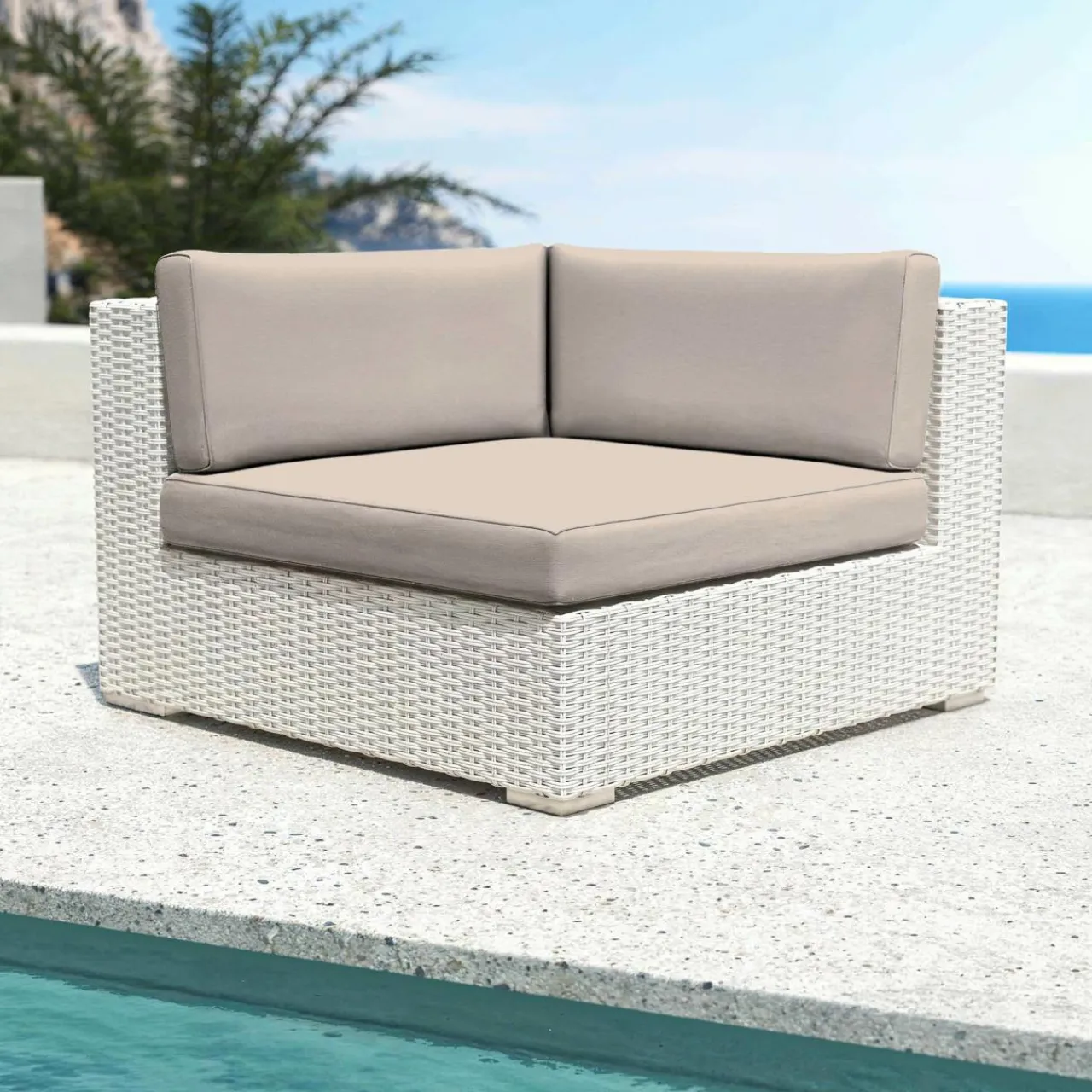 MOBELLIA Fauteuil d'angle de jardin en résine tressée Palma Blanc et taupe Tressé Blanc - Taupe Hot