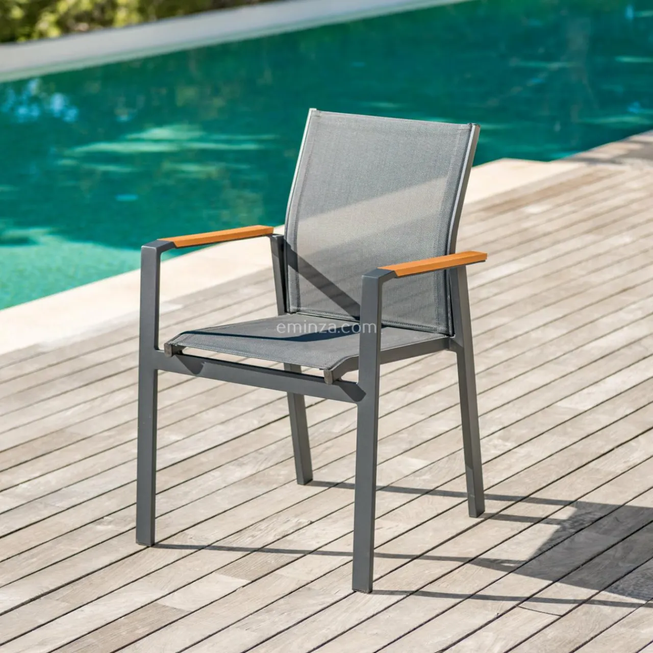 MOBELLIA Fauteuil de jardin aluminium et bois teck empilable Bali Gris Anthracite