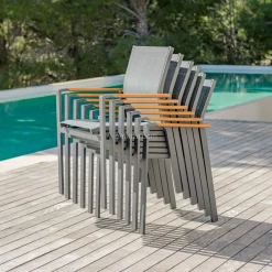 MOBELLIA Fauteuil de jardin aluminium et bois teck empilable Bali Gris Anthracite