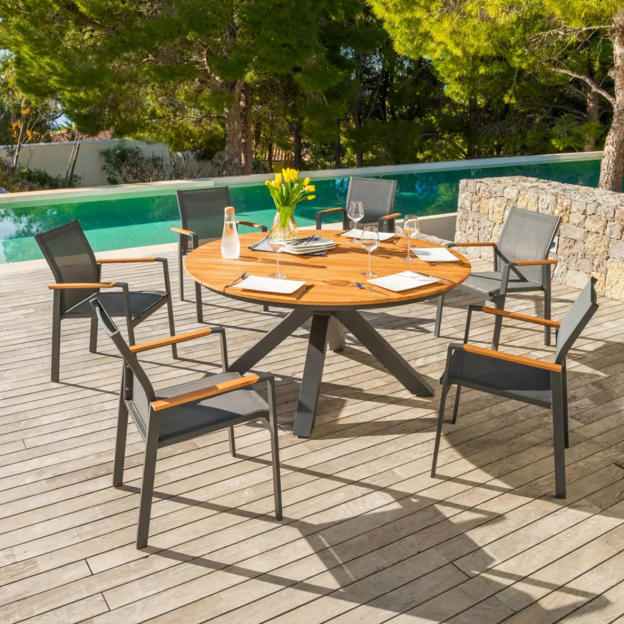 MOBELLIA Fauteuil de jardin aluminium et bois teck empilable Bali Gris Anthracite