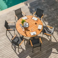 MOBELLIA Fauteuil de jardin aluminium et bois teck empilable Bali Gris Anthracite