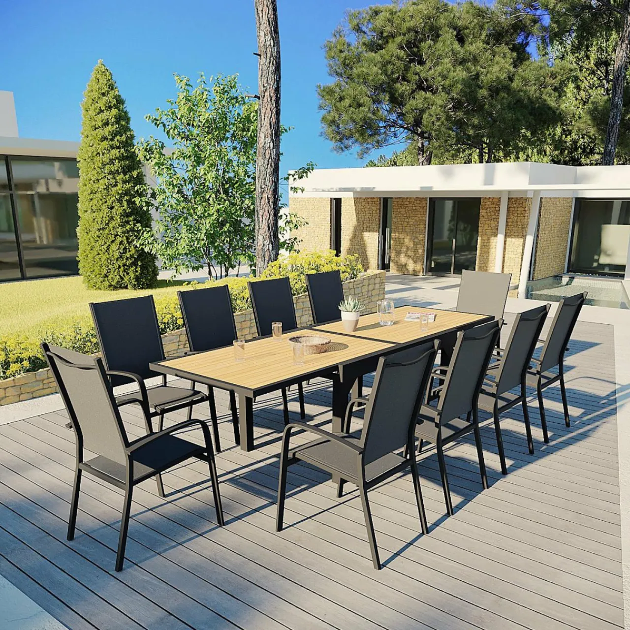 MOBELLIA Fauteuil de jardin dossier haut aluminium empilable Murano Gris Anthracite