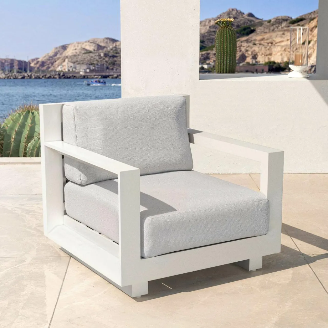 MOBELLIA Fauteuil de jardin détente en aluminium Elba Blanc et gris clair Blanc - Gris Clair Outlet
