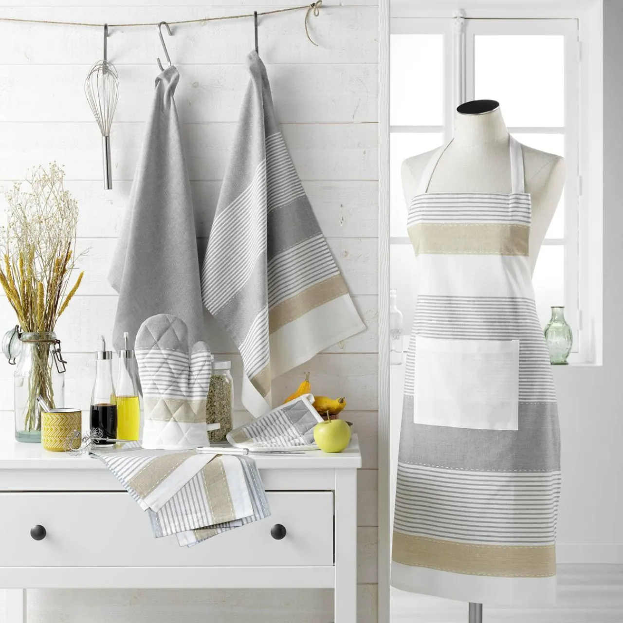 douceur d'intu017drieur Gant et manique coton tissé Iliade Blanc Gris Discount
