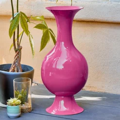 #N/A Grand Vase en métal émaillé fait main (H56 cm) Soléa fuschia brillant Rose New