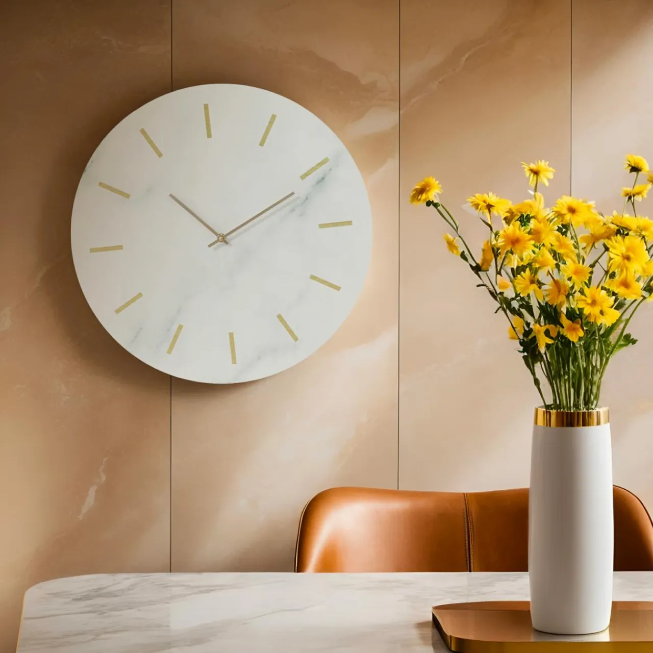 EMINZA Horloge murale en bois (D51 cm) Marbre Blanc New