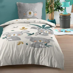 STOF Housse de couette enfant et une taie d'oreiller coton (140 x 200 cm) Koalinou Gris New