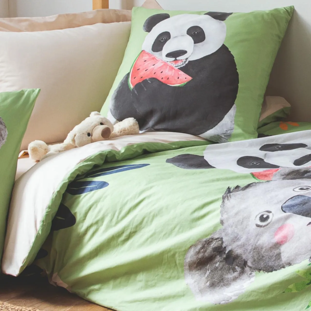 TRADILINGE Housse de couette enfant percale de coton (140 x 200 cm) Panda e Vert Best