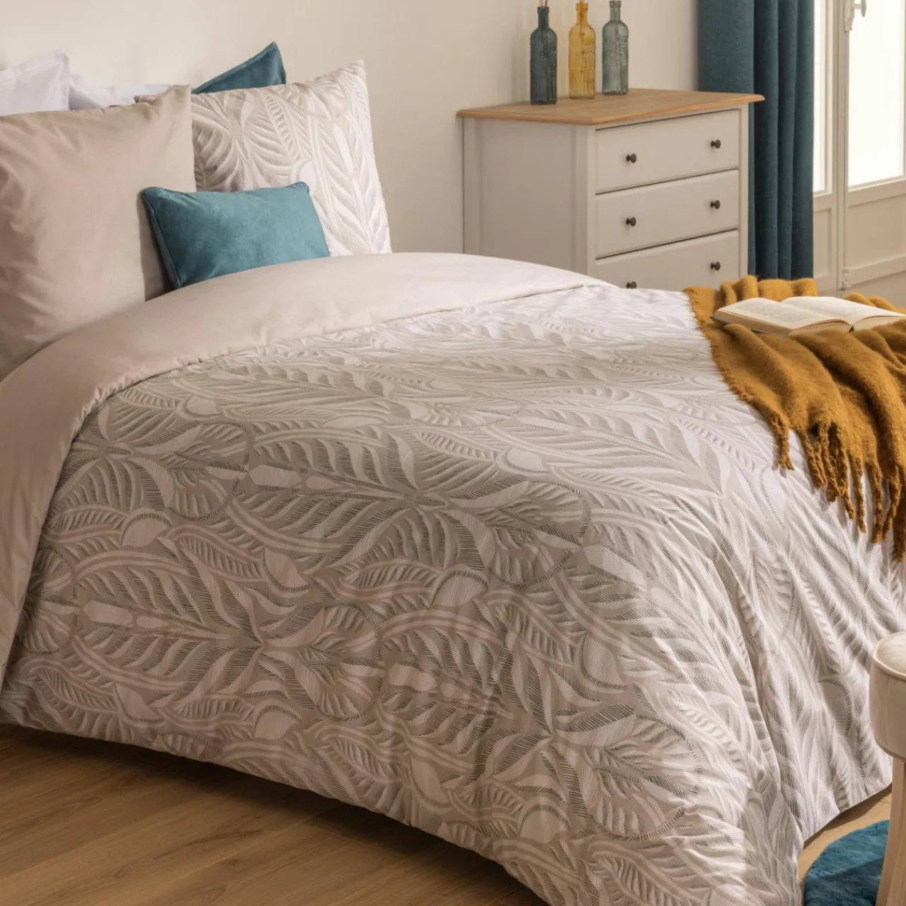 ATMOSPHERA Housse de couette et deux taies coton (240 x 220 cm) Nalh Beige New