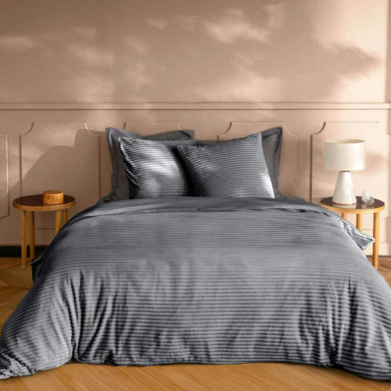 douceur d'intu017drieur Housse de couette et deux taies d'oreiller flanelle (240 x 220 cm) Veloutea Gris Anthracite Best
