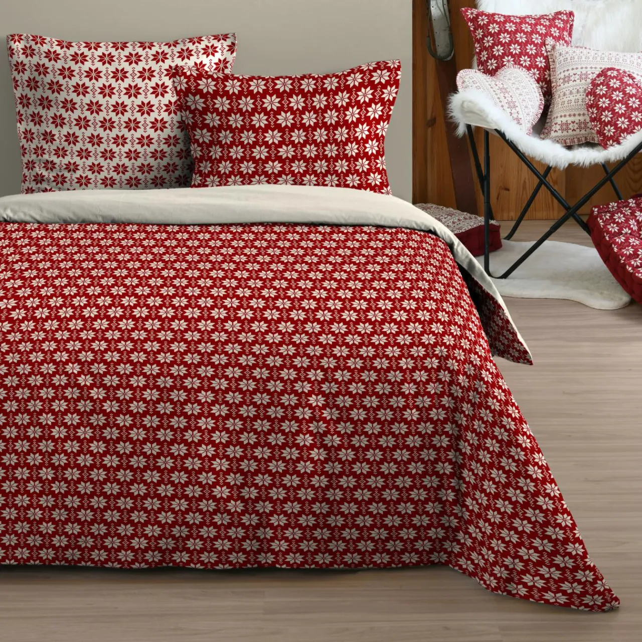 STOF Housse de couette et deux taies coton (240 x 220 cm) Valgenis Rouge New