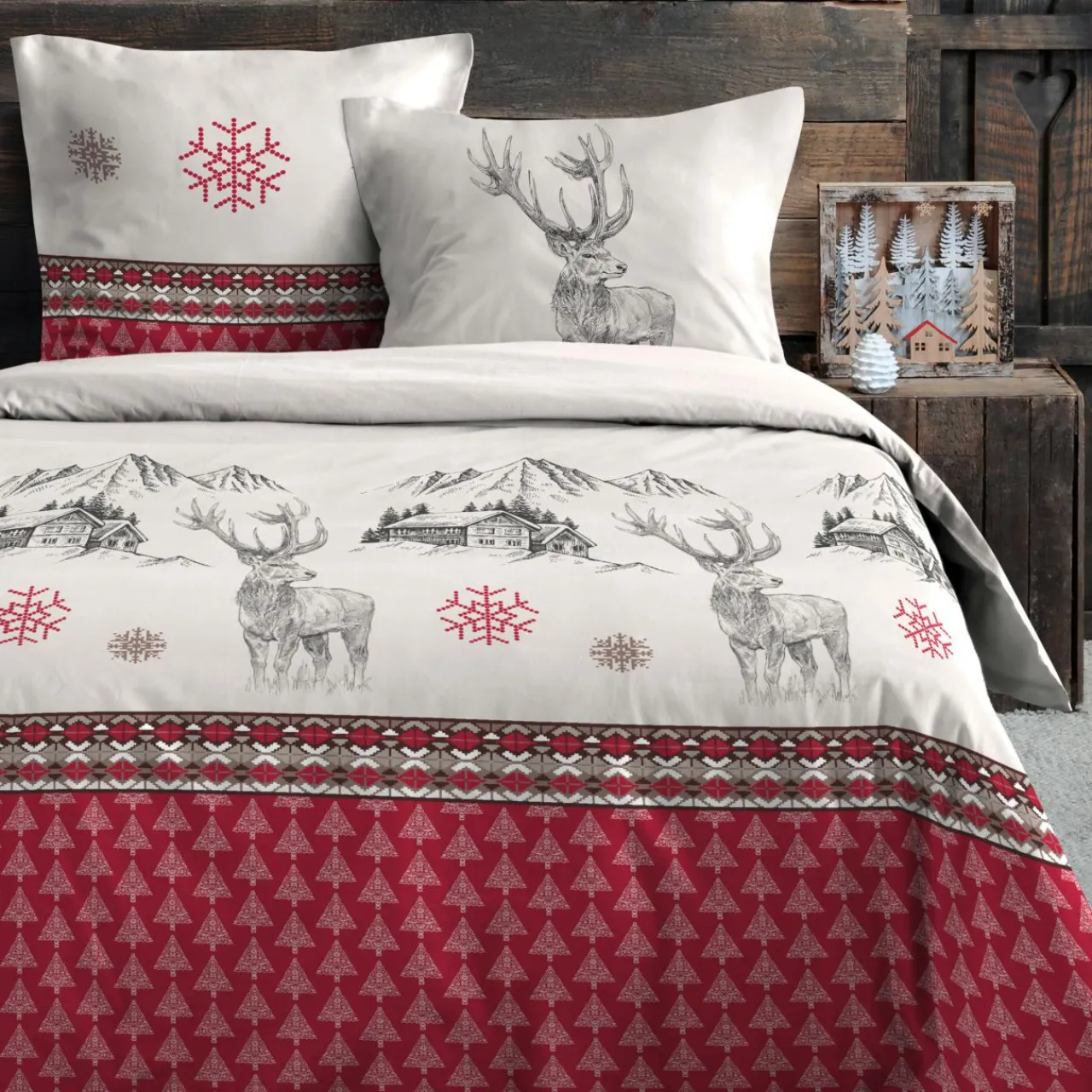 STOF Housse de couette et deux taies d'oreiller en coton (240 x 220 cm) Bauges Rouge Discount