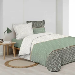 DOUCEUR D'INTERIEUR Housse de couette et deux taies percale de coton (260 x 240 cm) Belor e Vert Discount