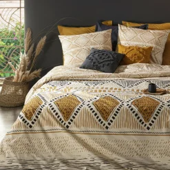ATMOSPHERA Housse de couette et deux taies coton (240 x 220 cm) Ray kilim Jaune ocre Discount
