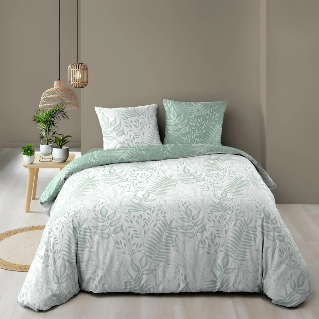 douceur d'intu017drieur Housse de couette et deux taies coton (240 x 220 cm) Cassia Vert sauge Sale