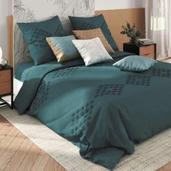 ATMOSPHERA Housse de couette et deux taies coton lavé (260 x 240 cm) Moura Bleu canard New