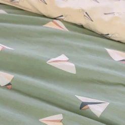 L'EFFET PAPILLON Housse de couette et deux taies enfant coton (200 x 200 cm) Petits papiers e Vert