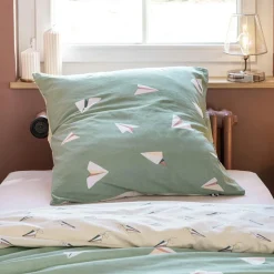 L'EFFET PAPILLON Housse de couette et deux taies enfant coton (200 x 200 cm) Petits papiers e Vert
