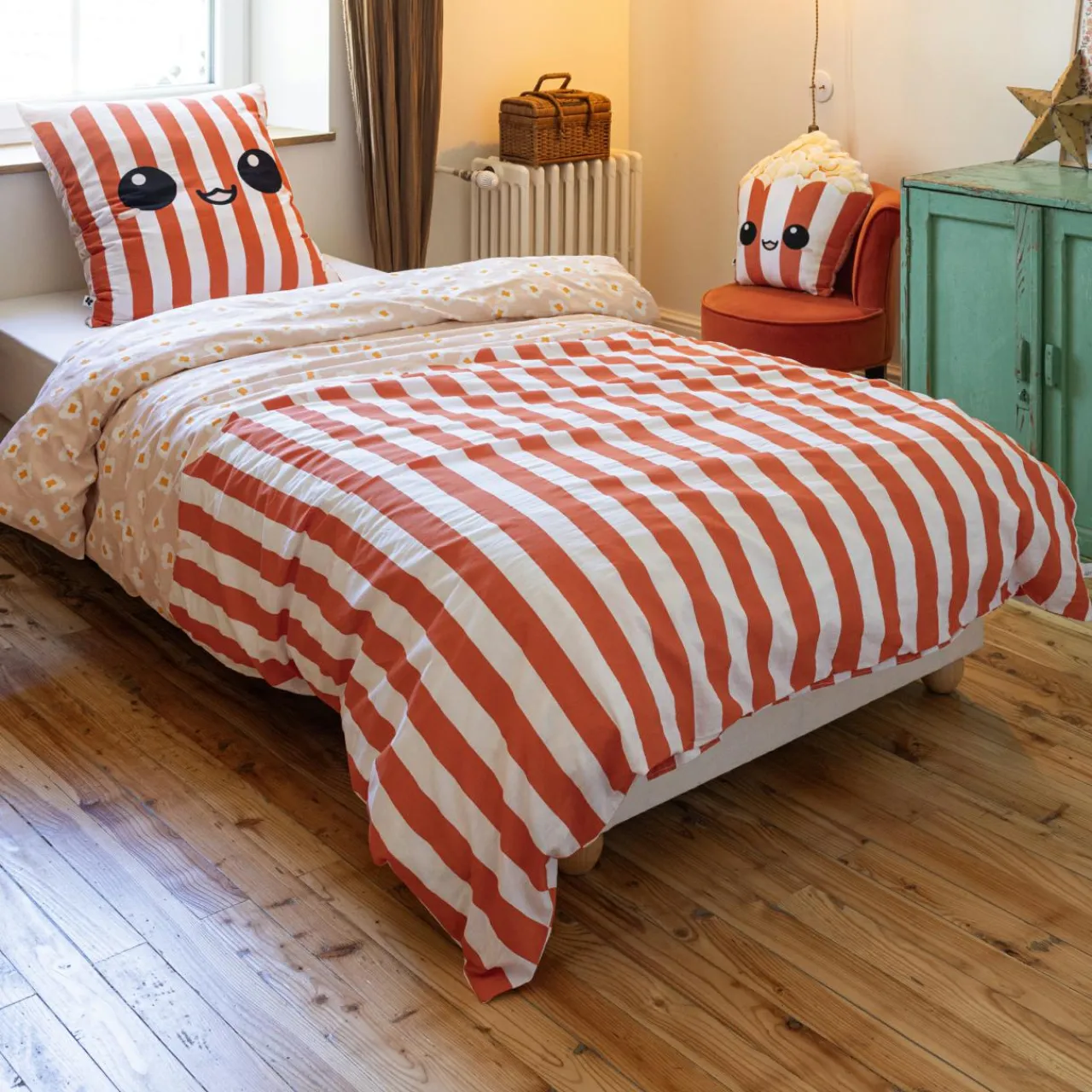 L'EFFET PAPILLON Housse de couette et deux taies enfant coton (200 x 200 cm) Fresh popcorn Rouge Discount