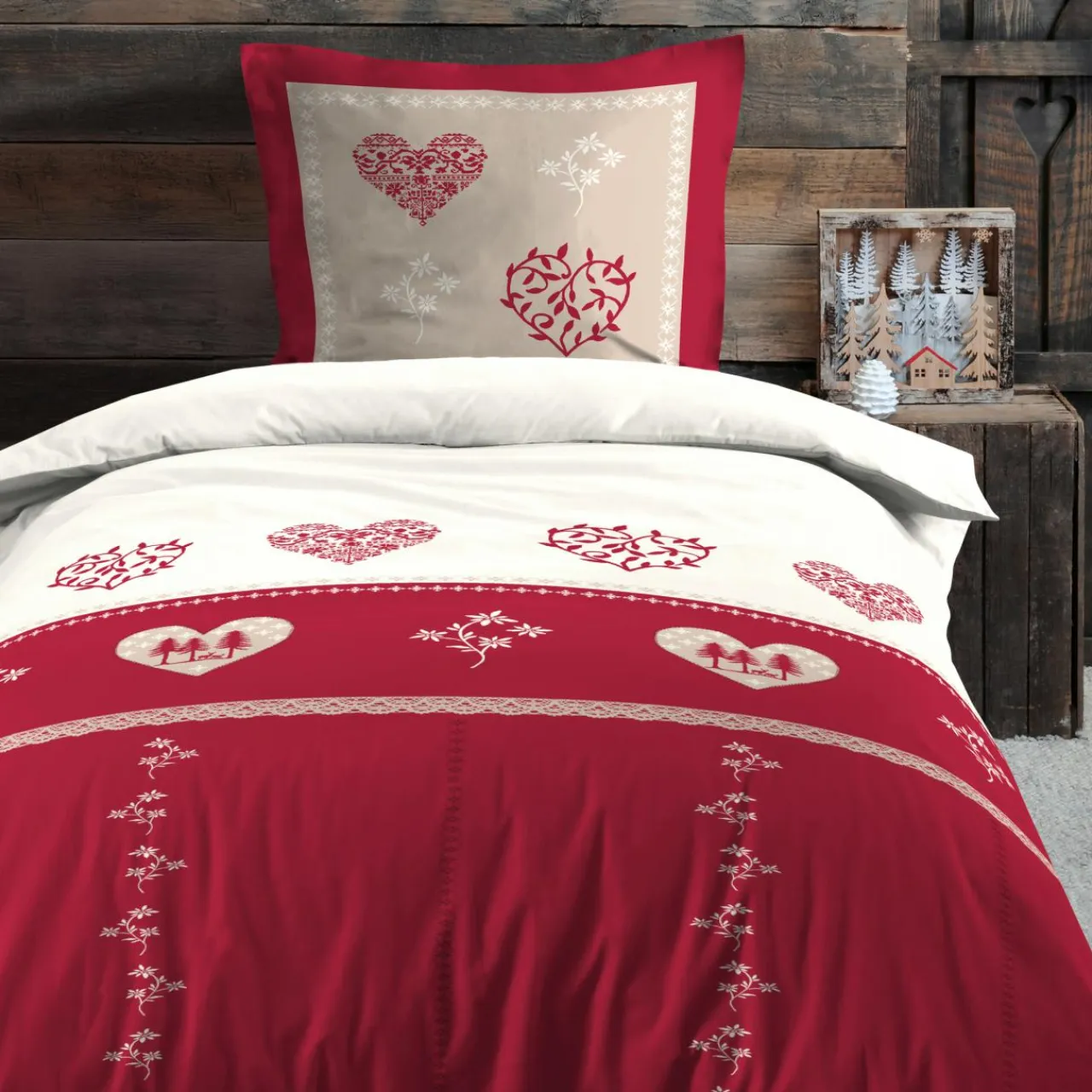 STOF Housse de couette et une taie d'oreiller en coton (140 x 200 cm) Modane Rouge