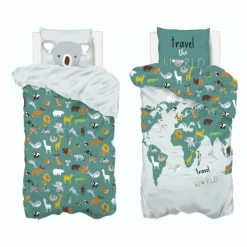 Atmosphera createur d'interieur for kids Housse de couette et une taie enfant coton (140 x 200 cm) Carte du Monde e Bleu
