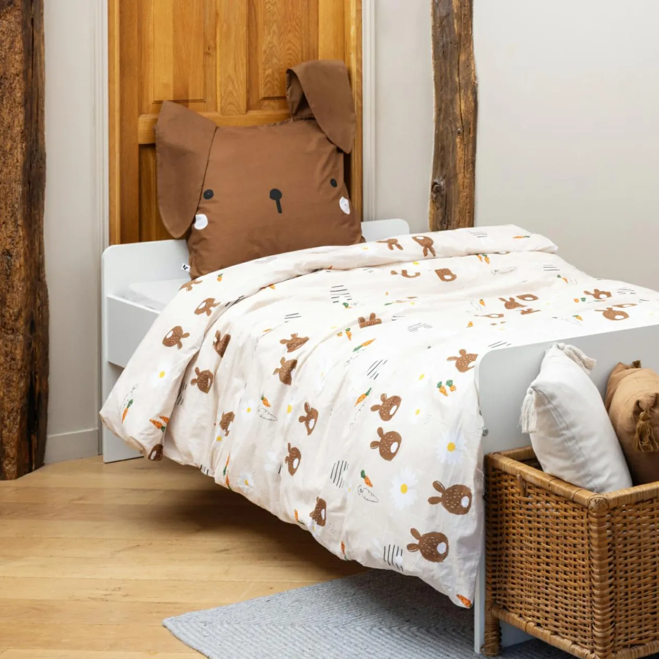 L'EFFET PAPILLON Housse de couette et une taie enfant coton (140 x 200 cm) Pompon Marron