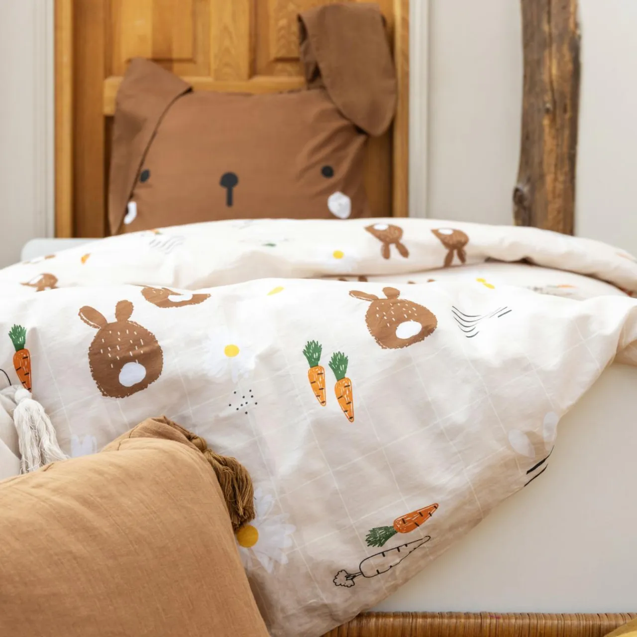 L'EFFET PAPILLON Housse de couette et une taie enfant coton (140 x 200 cm) Pompon Marron