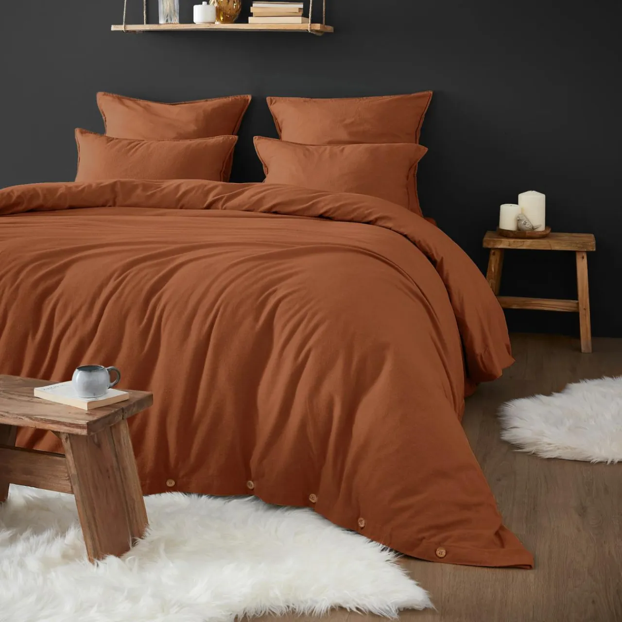 EMINZA Housse de couette flanelle de coton (240 x 220 cm) Théa Terracotta Hot
