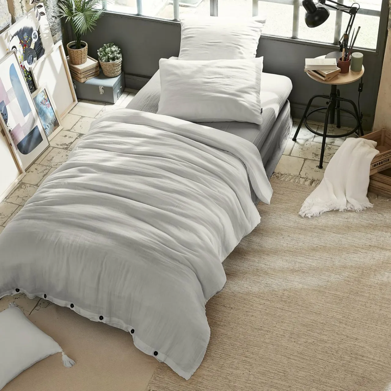 EMINZA Housse de couette gaze de coton (140 x 200 cm) Gaïa Gris nuage Gris clair