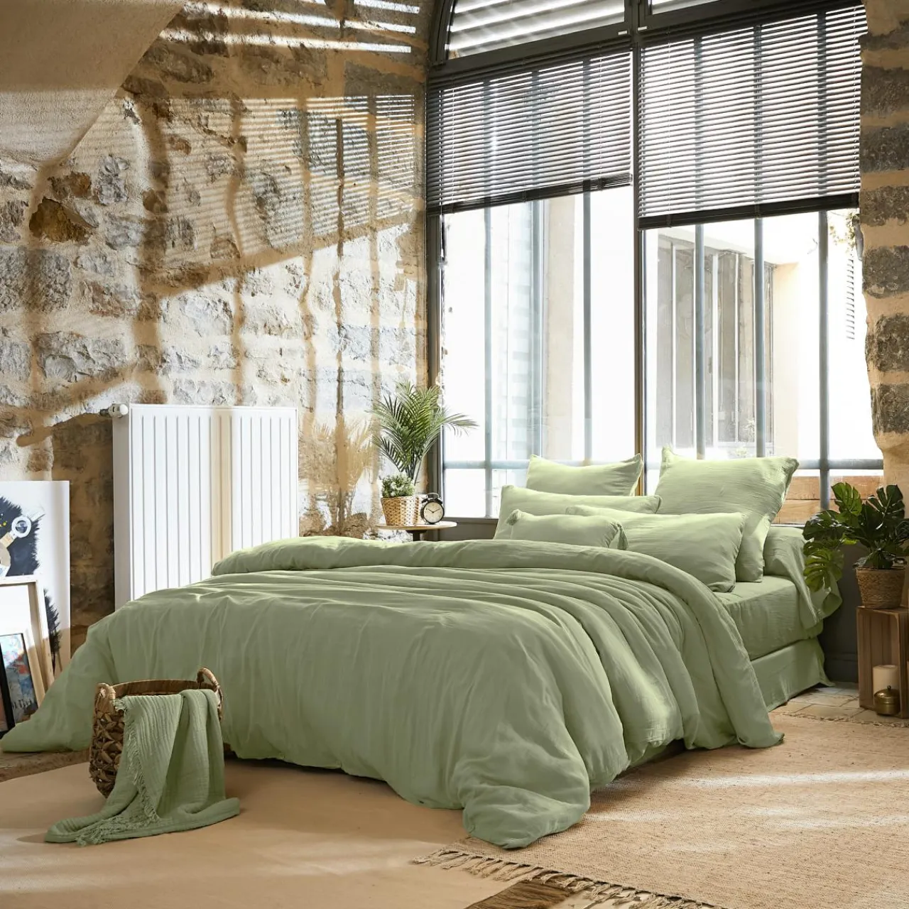 EMINZA Housse de couette gaze de coton (280 x 240 cm) Gaïa Vert tilleul Outlet